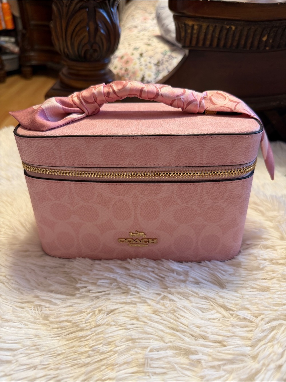 Coach Pink Signature Cosmetic Train Case with Scarf-Wrapped Handle